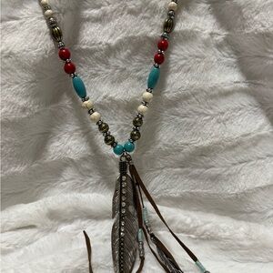 Artisan Feather Pendant Necklace - Red, Turquoise, Silver